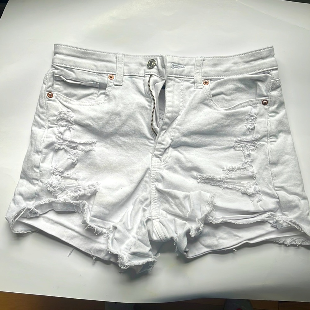 American Eagle white ripped jean shorts, size 8 — used in good condition